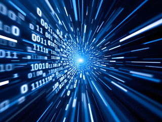 Futuristic digital scene with binary code streaming at high speed, radiating blue light and dynamic motion.