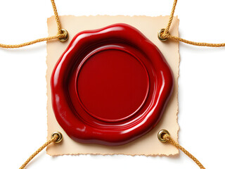 A red wax seal on a vintage document, tied with string, evoking authenticity and tradition.