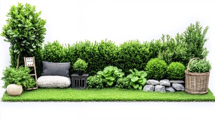 Lush Green Garden Landscape With Decorative Elements Against White Background