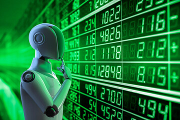 Financial technology concept with humanoid robot analyze stock market
