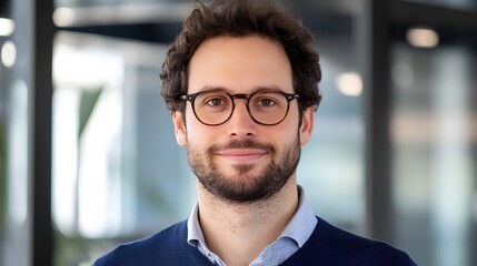 Obraz premium Professional Portrait of Young Man with Glasses in Modern Office Setting