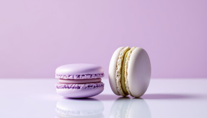 Obraz premium Two pastel colored macarons against a lavender background stand out