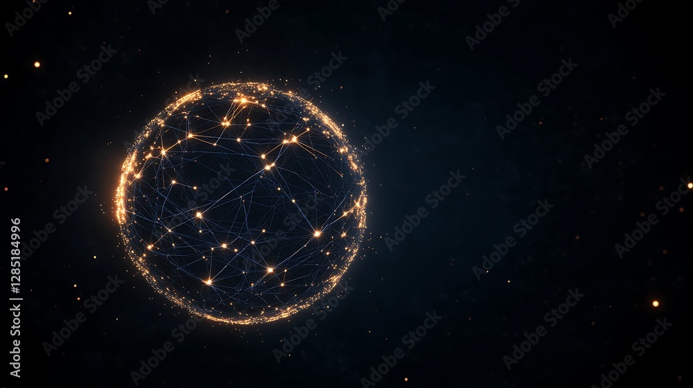 Poster futuristic glowing sphere with interconnected lights against a dark backdrop.