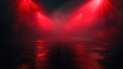Fototapeta premium Red Light Highway Night Scene Dramatic Foggy Road