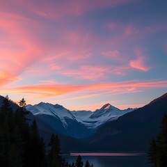 Obraz premium A serene sunrise illuminating snow-covered mountain peaks and a calm lake, reflecting the soft pink and orange hues of the sky, surrounded by lush evergreen forests.