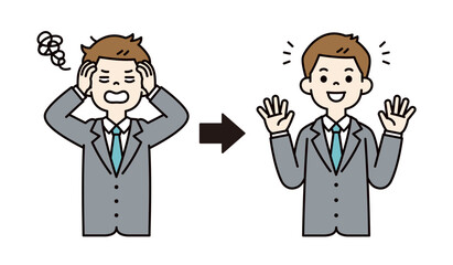 失敗を解決する、若いビジネスマンのベクターイラスト素材＿線幅の編集可能＿カラー