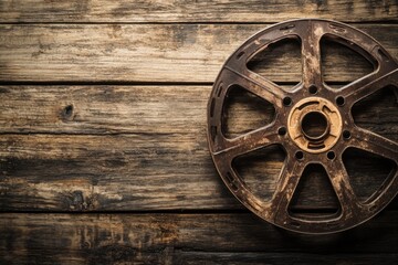 Obraz premium Dusty film reel on a weathered wooden table capturing nostalgia vintage aesthetic indoor close-up view cinematic concept with dust elements