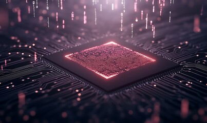Futuristic microchip emitting digital data with glowing particles and circuitry background.