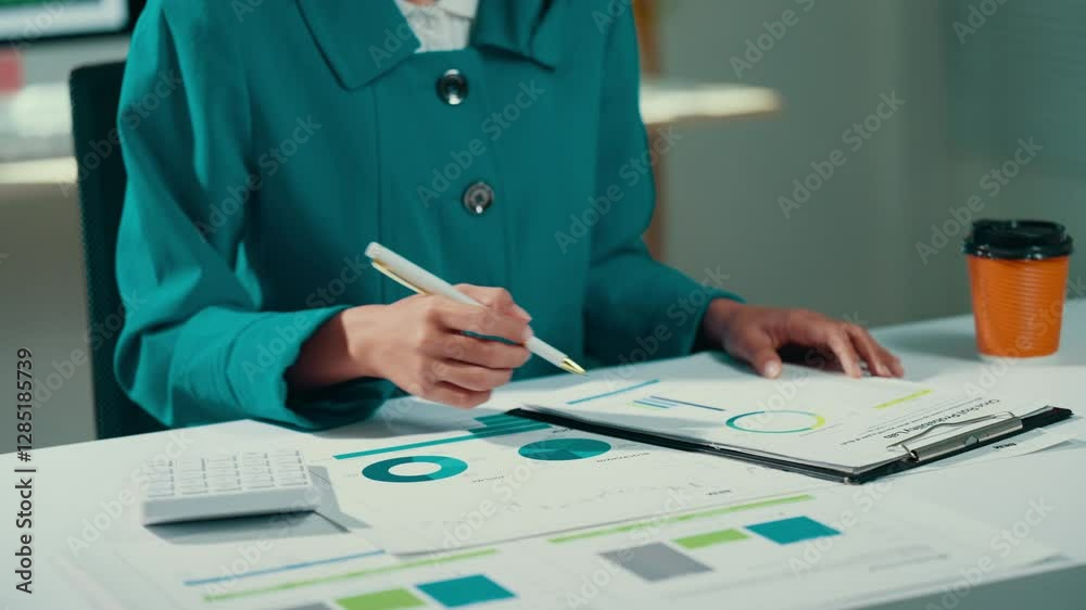 Poster professional female executive examining financial documents, tracking data on charts, computing numb