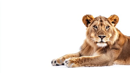 Obraz premium Majestic Lion Lying on White Background in Natural Habitat