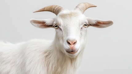 Fototapeta premium Portrait of a White Goat with Curved Horns and Calm Expression