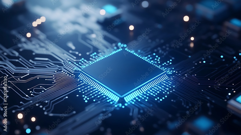 Poster Close-up view of a microchip with glowing circuits on a dark background.