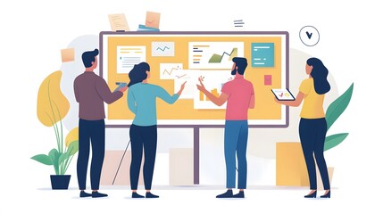 Diverse team collaborating on a project, four professionals discussing ideas at a large whiteboard in a modern workspace.