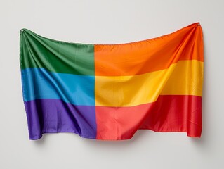 Vibrant Pride Flag Representing Diversity and Inclusion Hanging on a Plain Wall with Fabric Folds