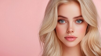 Naklejka premium Stunning close-up portrait of a beautiful young woman with blonde hair and captivating blue eyes against a soft pink background, perfect for beauty and fashion themes