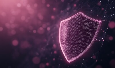 Digital shield with glowing particles on a dark background, symbolizing security and protection.