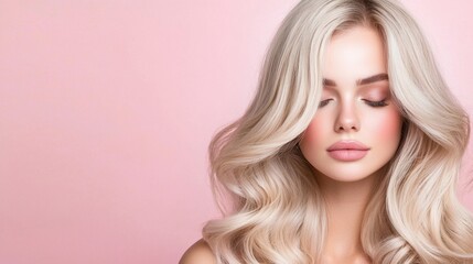 Fototapeta premium Elegant Young Woman with Long Flowing Blond Hair Posed Against Soft Pink Background Showcasing Natural Beauty and Serene Expression in Perfect Lighting