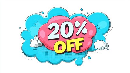 Vibrant Retro Style Discount Announcement Featuring Bold 20 Percent Off Text in a Colorful Cloud Background with Playful Elements and Bright Colors