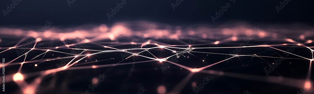 Poster abstract digital landscape with glowing connections and nodes against a dark background.