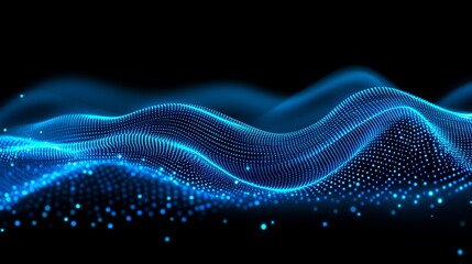 Abstract Blue Waves with Glowing Particles on Black Background