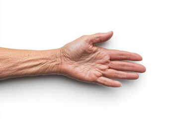 close up of elderly hand with visible veins and wrinkles, resting on white background, showcasing beauty of aging.