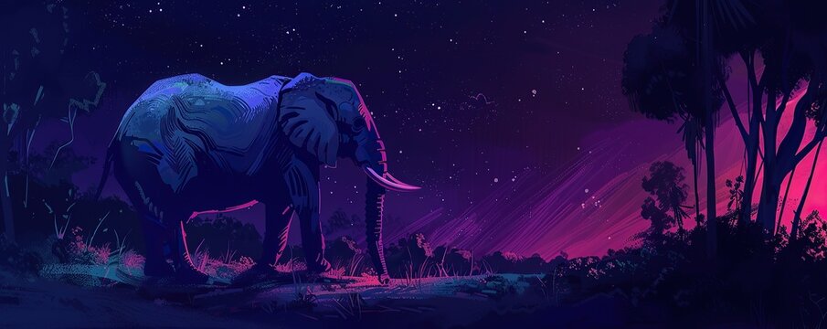 illustration of a large elephant walking in the forest at night, Generative Ai