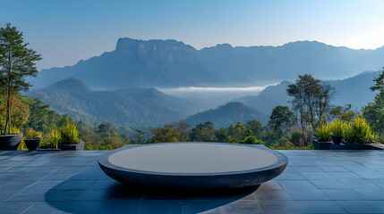 Empty round platform, mountain vista, outdoor space