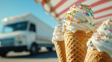 Summer ice cream cones, truck background