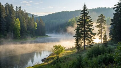 Obraz premium A serene river scene surrounded by lush trees and mist, capturing the tranquility of nature at dawn.