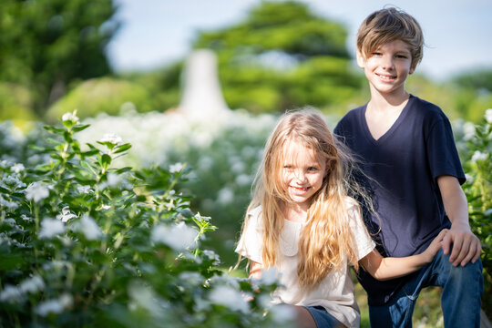 Outdoors portrait of two adorable children shares love. Little girl and boy playing in park and flower field. Two siblings enoy on sunlight and nature background. Childhood and friendship concept