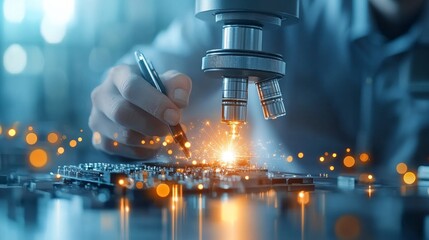 Investigation of microcomponents with precision microscopy laboratory scientific process innovative technology close-up electronics engineering