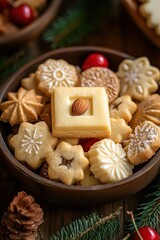 Fototapeta premium A close-up photo of various Italian Christmas cookies in the shape and color amoretti candy, placed on top of each other to form an open bowl with one square cookie inside that is covered in cheese.