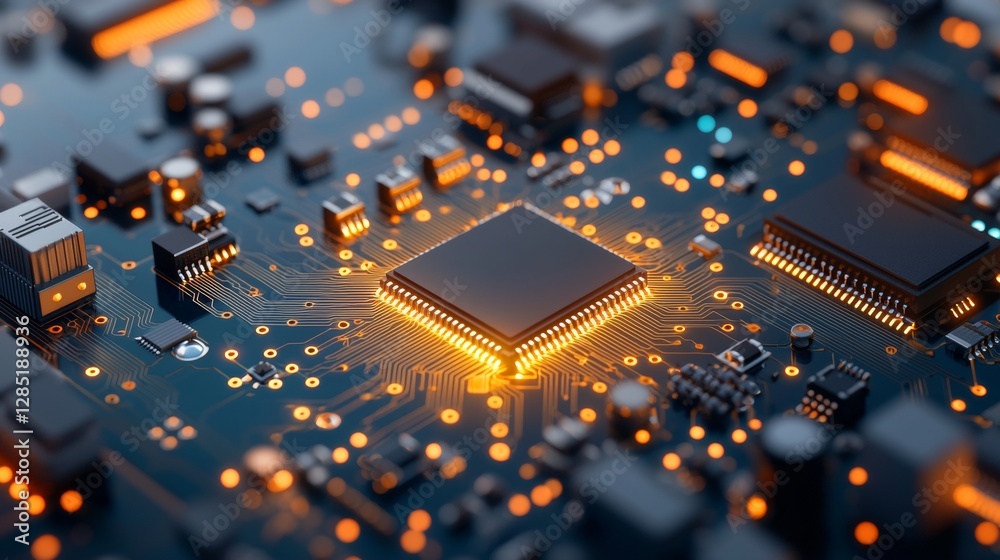 Poster exploring the future of technology through circuitry design innovation lab digital close-up high-tec