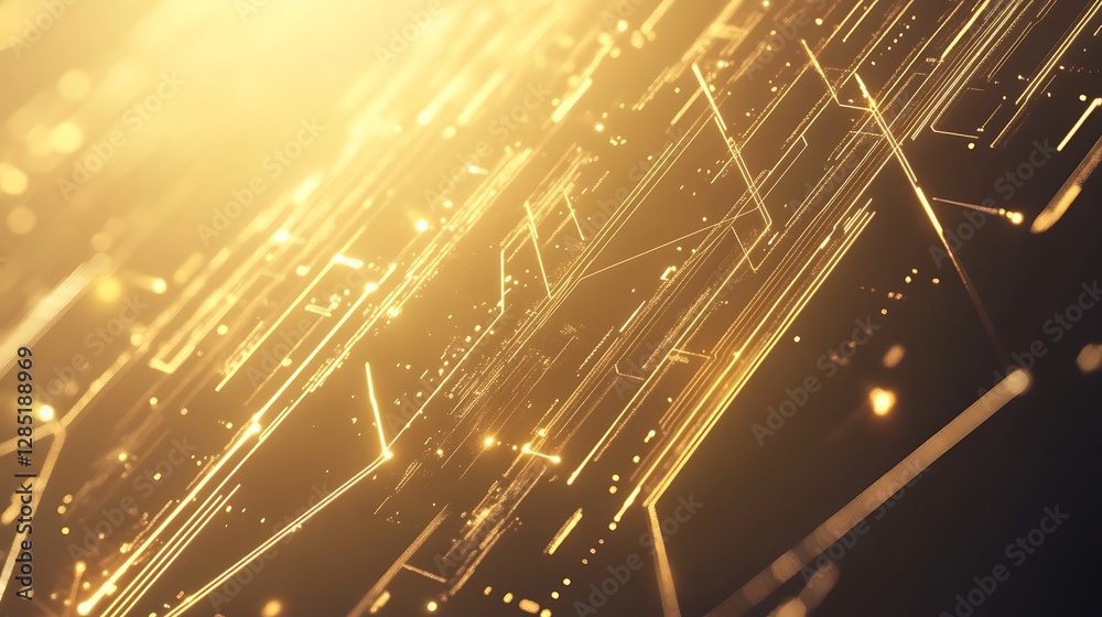 Aufkleber Abstract golden digital network with glowing lines and particles conveying technology and innovation.