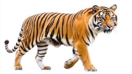 Obraz premium Vibrant Tiger Walking Gracefully on a White Background