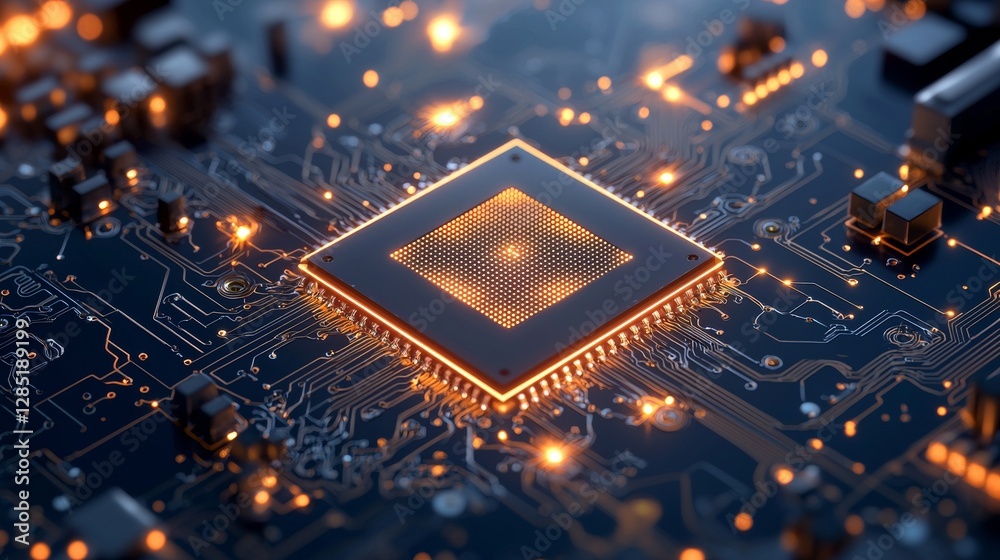 Poster exploring cutting-edge microprocessor technology innovations global tech hub macro photography high-