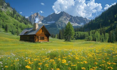 Fototapeta premium peaceful mountain valley with a wooden cabin, smoke rising from its chimney, and wildflowers dotting the landscape, Generative AI
