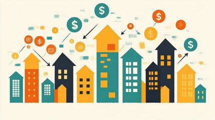 Fototapeta premium Colorful Illustrative Cityscape with Dollar Signs and Growth Arrows for Business Concept