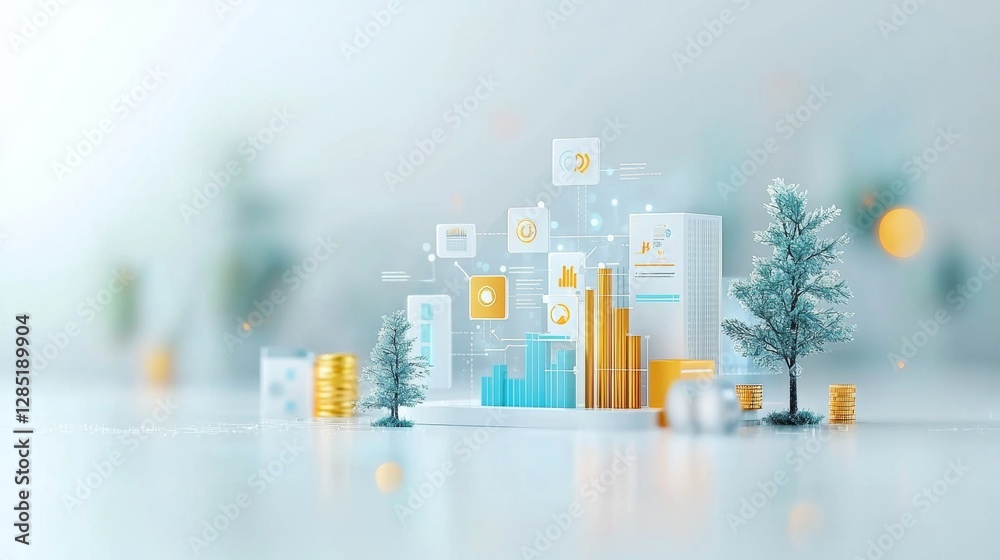 Poster analyzing business growth digital workspace infographic display modern office top-down view data vis