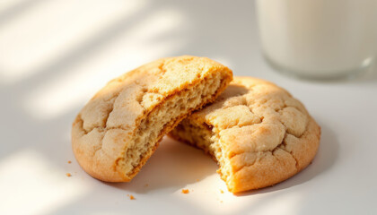 Fototapeta premium A freshly baked sugar cookie broken in half on white surface