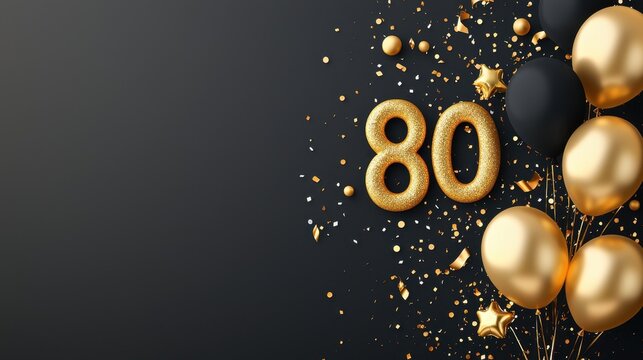 Elegant Gold and Black Celebration Theme for 80th Birthday with Balloons, Stars, and Festive Confetti on Dark Background, Ideal for Invitations or Decor