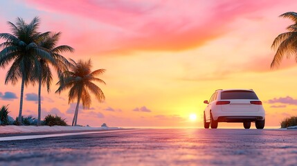 Car journey at sunset tropical beach scenic photography coastal road low angle adventure awaits