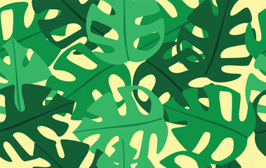 Summer pattern seamless fabric summer season. monstera leaf on yellow background. Designed for background ,wallpaper ,summer pattern ,wrapping paper ,travel ,holiday ,weekend ,vacation ,tropical