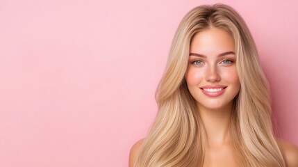 Fototapeta premium Beautiful young woman with long blonde hair smiling against a soft pink background, showcasing natural beauty and confidence in an elegant portrait style