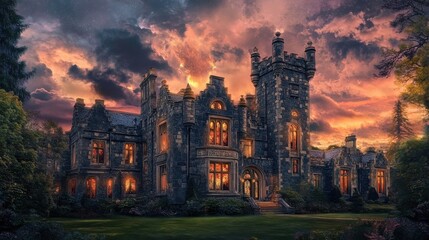 Enchanted Stone Castle at Twilight Under a Starry Sky