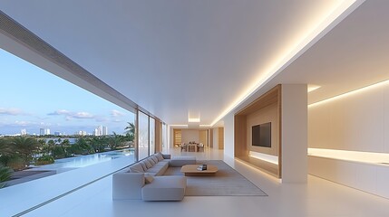 Modern luxury living room miami beach interior design urban oasis wide angle minimalism