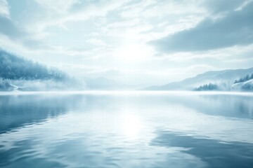 Serene Winter Landscape Misty Lake Surrounded by Snow Covered Mountains and Trees A Peaceful and Tranquil Scene