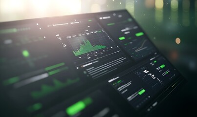 Futuristic data dashboard displaying financial analytics and stock trends in a digital environment.