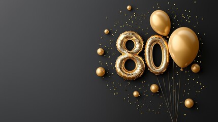 Elegant celebration backdrop with golden balloons and number eighty balloons highlighting special milestone birthday or anniversary event in stylish setting