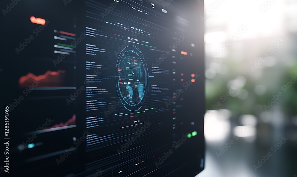 Poster Digital interface displaying data analytics and global insights in a modern tech setting.